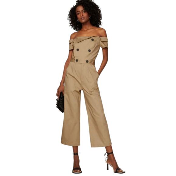 Marissa Webb Rylan Jumpsuit Women's 8 Khaki Off Shoulder Wide Leg Pants Boho